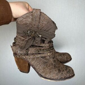Not Rated Brown Lace Rhinestone Chain Western Ankle Boots Women's Size‎ 7.5M